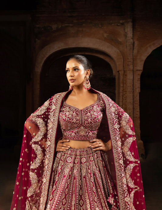 Wine Zardozi Embroidery Organza Bridal Lehenga