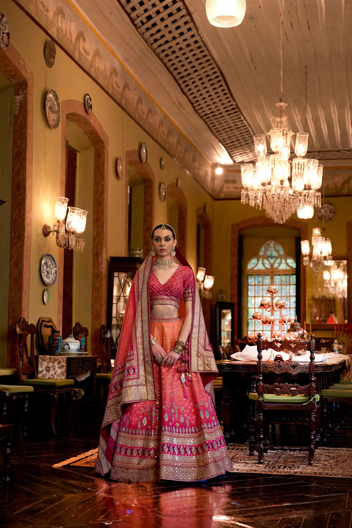 Dark Pink and Orange Mirror Work Bridal Lehenga