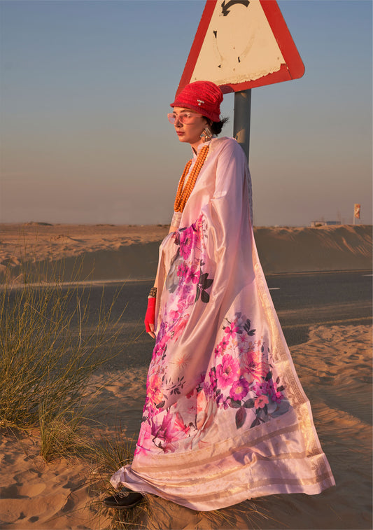 Cream Kikigai Printed Tussar Silk Saree