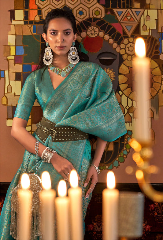 Teal Green Kabby Nylon Zari Silk Handloom Saree