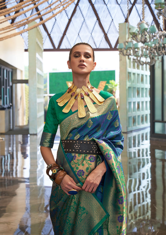 Deep Blue Kalkaa Chaap Handloom silk Saree