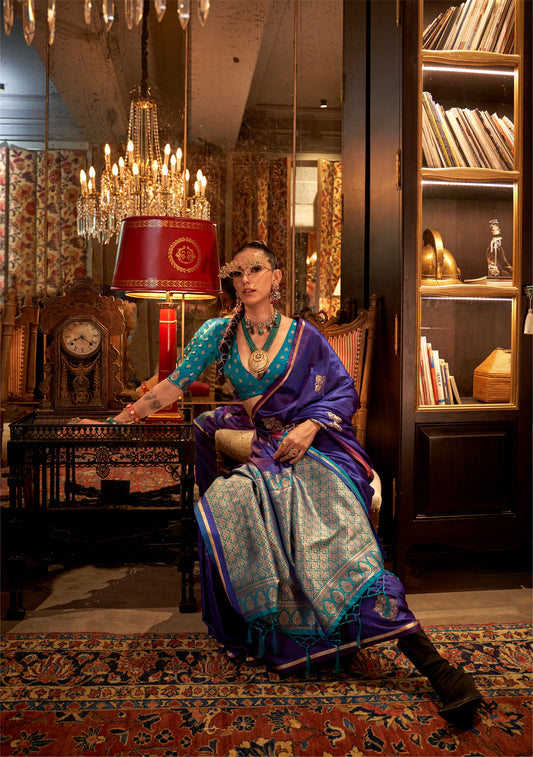 Purple Kanthkala Luxe Satin Handloom saree