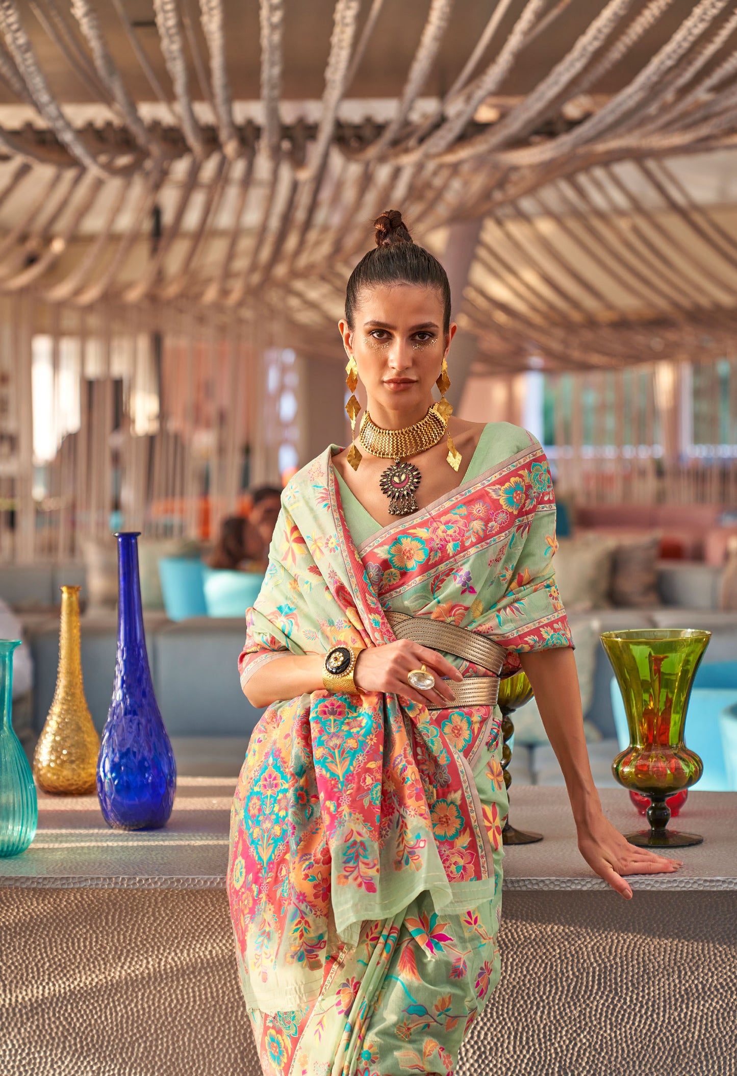 Sea Green Kabira Kashmiri Modal Handloom Silk Saree