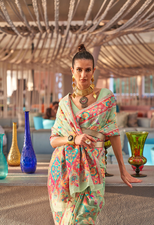 Sea Green Kabira Kashmiri Modal Handloom Silk Saree