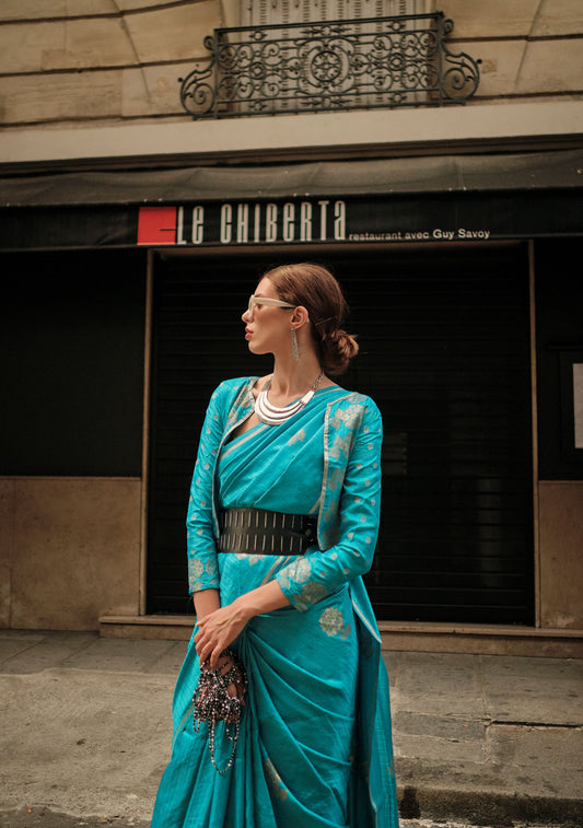 Turquoise Kronicle Pure Satin Zari Handloom Saree