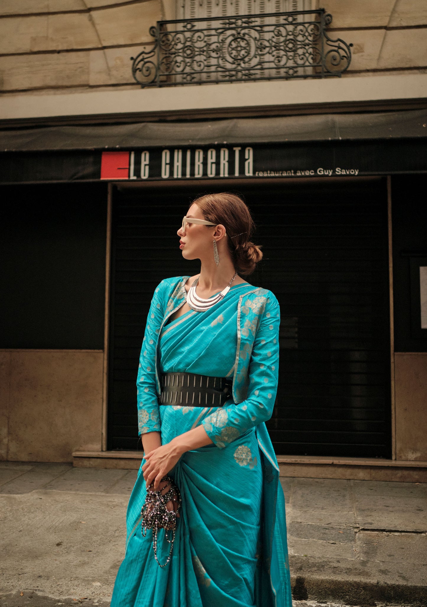 Turquoise Kronicle Pure Satin Zari Handloom Saree