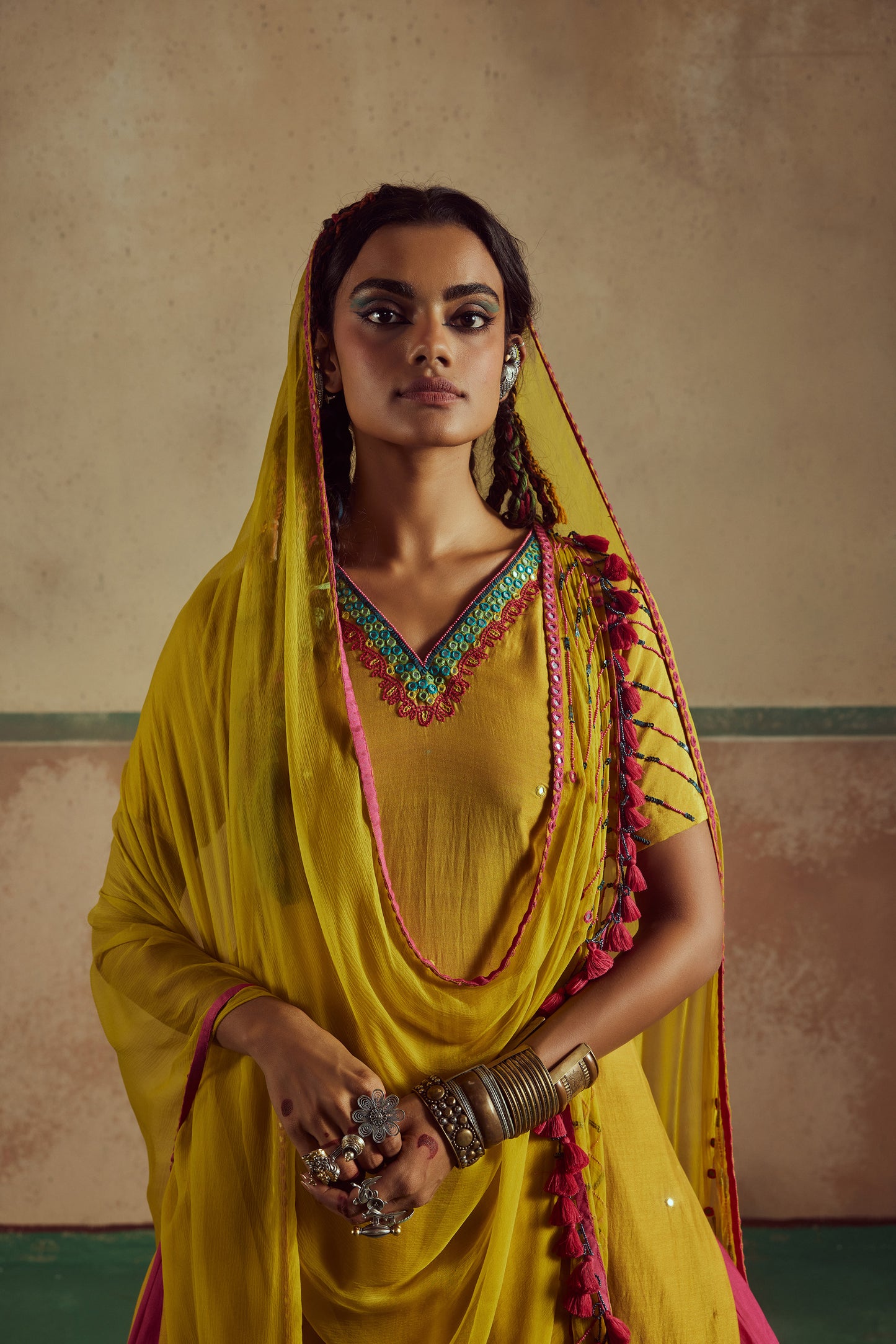 backless yellow kurta skirt set