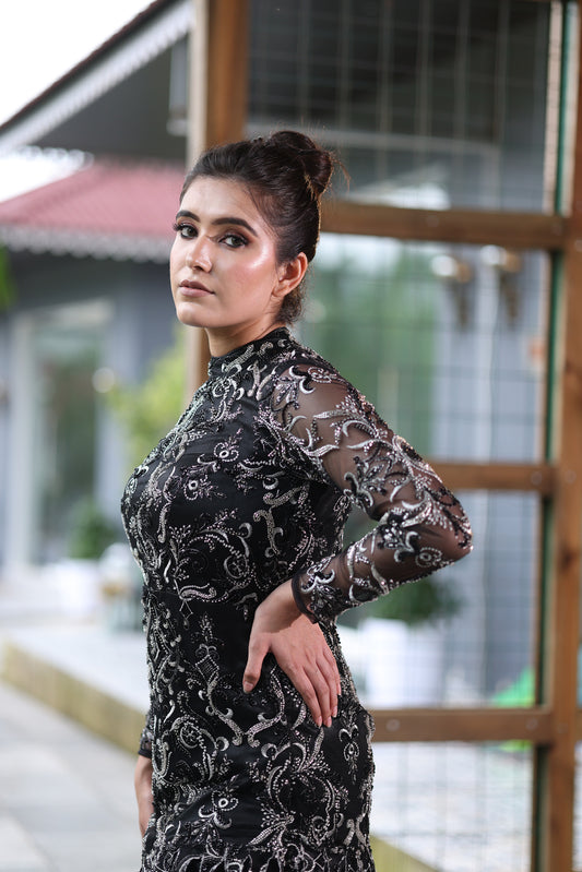 Midnight Dusk Black High Neck & High Slit Gown