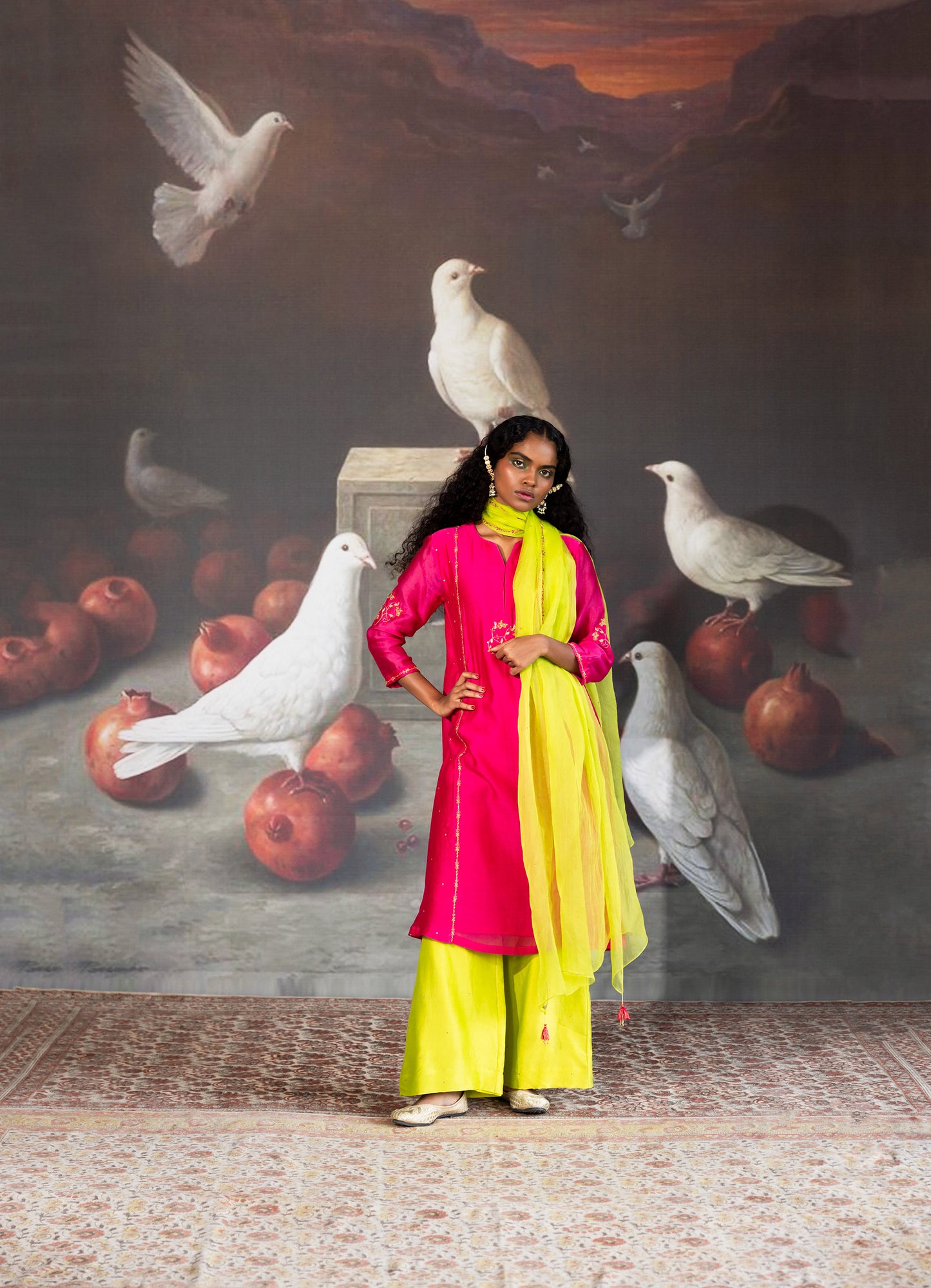 Red and Green Chanderi Embroidered Scallop Kurta set