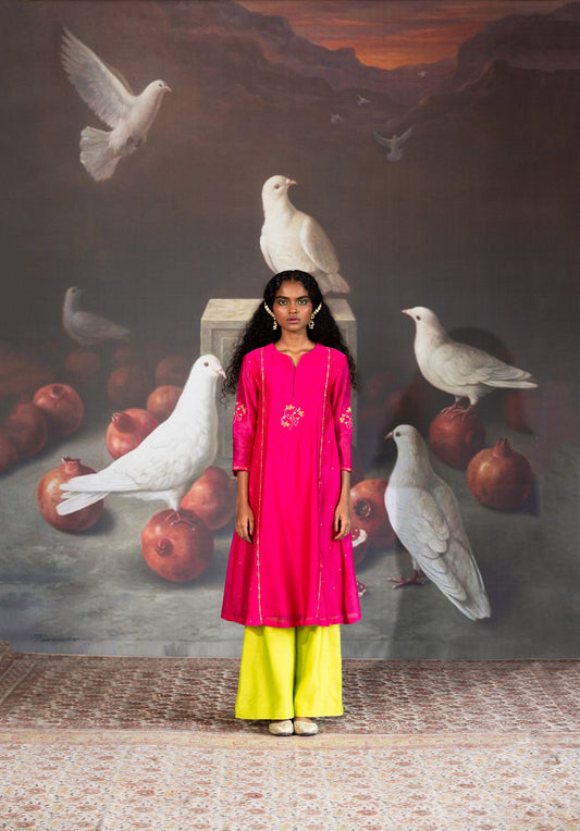 Pink and Green Hand Embroidered A-line Kurta set