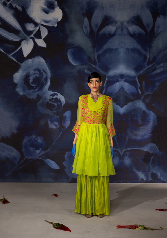 Green Angrakha Organza Kurta Set