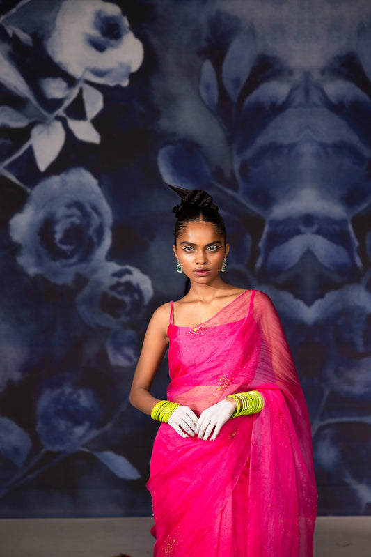 Pink Chanderi Hand Embroidered Vastralekha Saree