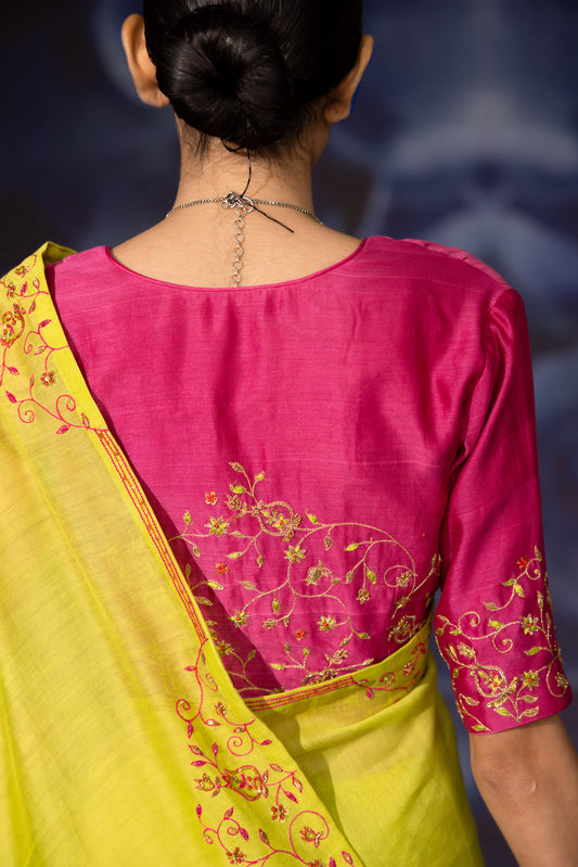 Green and Pink Chanderi Hand Embroidered Vastralekha Saree