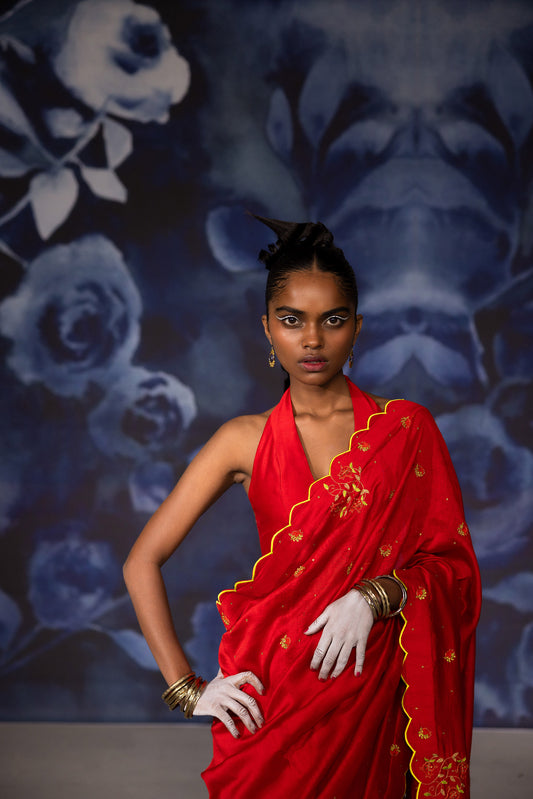 Red and Green Chanderi Hand Embroidered Vastralekha Saree