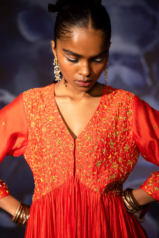 Red Pure chanderi Designer Anarkali