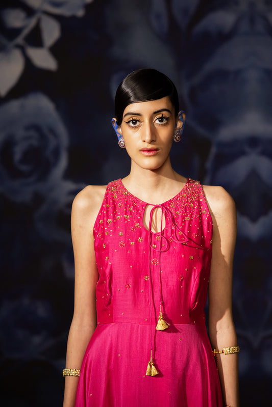 Hand embroidered pink chanderi Designer anarkali