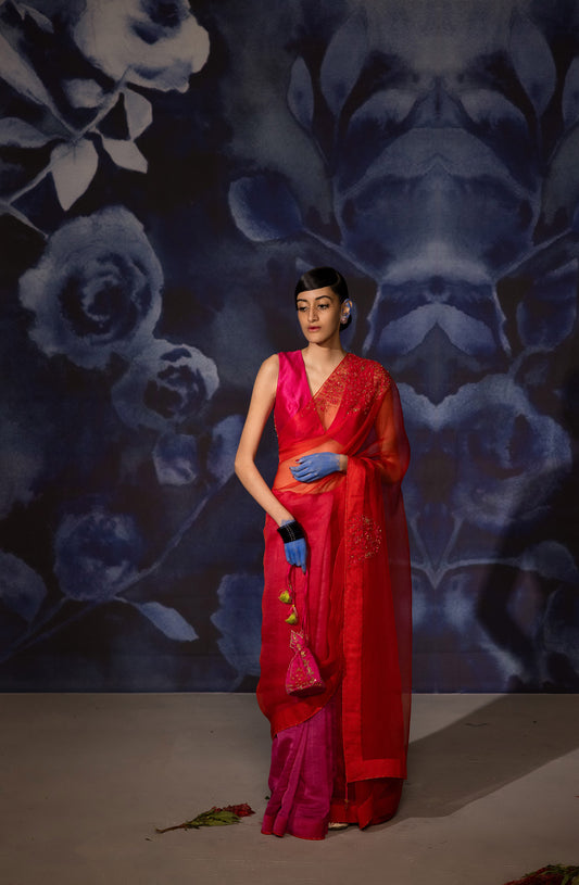 Pink and Red Vastralekha Saree