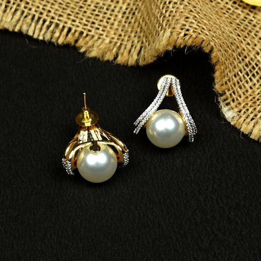 Zevar Club 18K Gold-Plated Cubic Zirconia & White Pearl Sculpted Swirl Stud Earrings