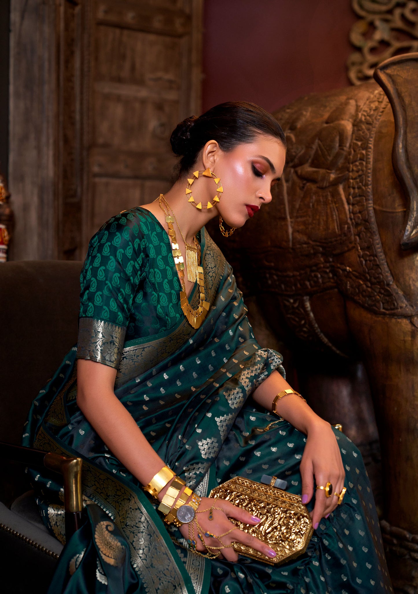 Emerald Green Kontina Satin Crepe Saree