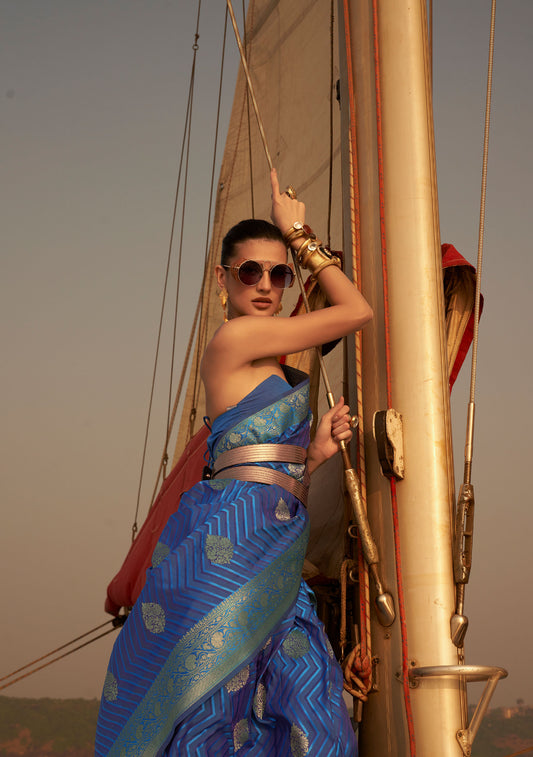 Royal Blue Kingston Pure Satin Nylon two tone saree