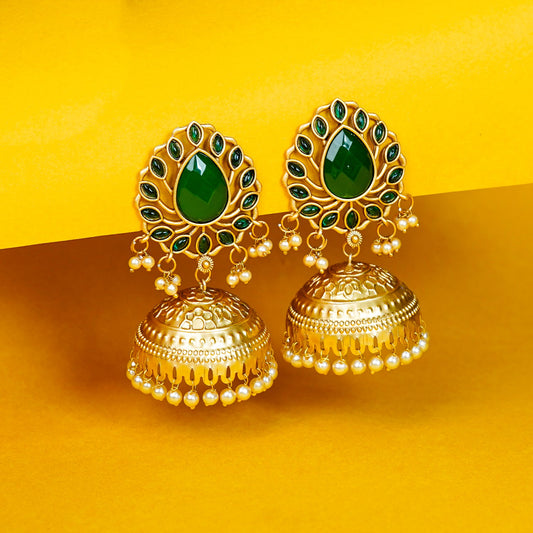 Zevar Club 22K Gold-Plated Ruby Red Stone Studded Jhumka Earrings with Pearl Drops