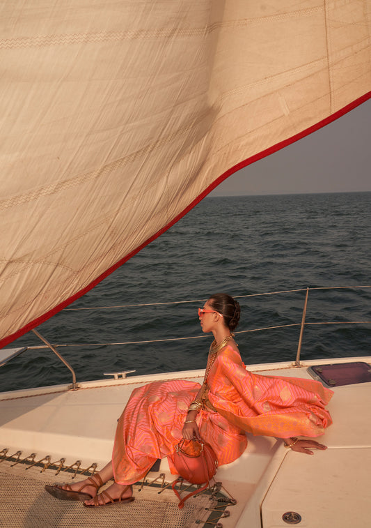 Peach coral Kingston Pure Satin Nylon two tone saree