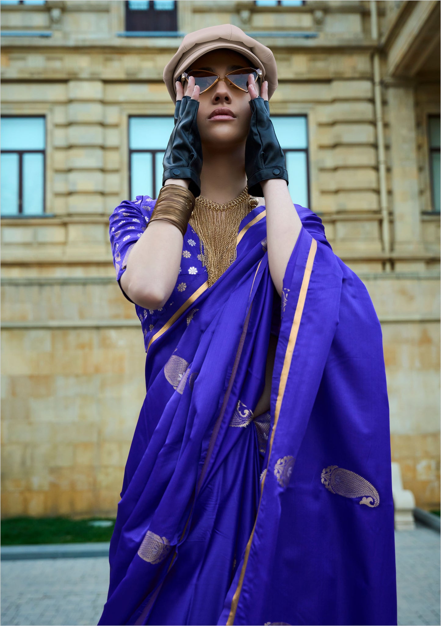 Royal Blue Kanthkala Pure Satin Handloom Silk Saree