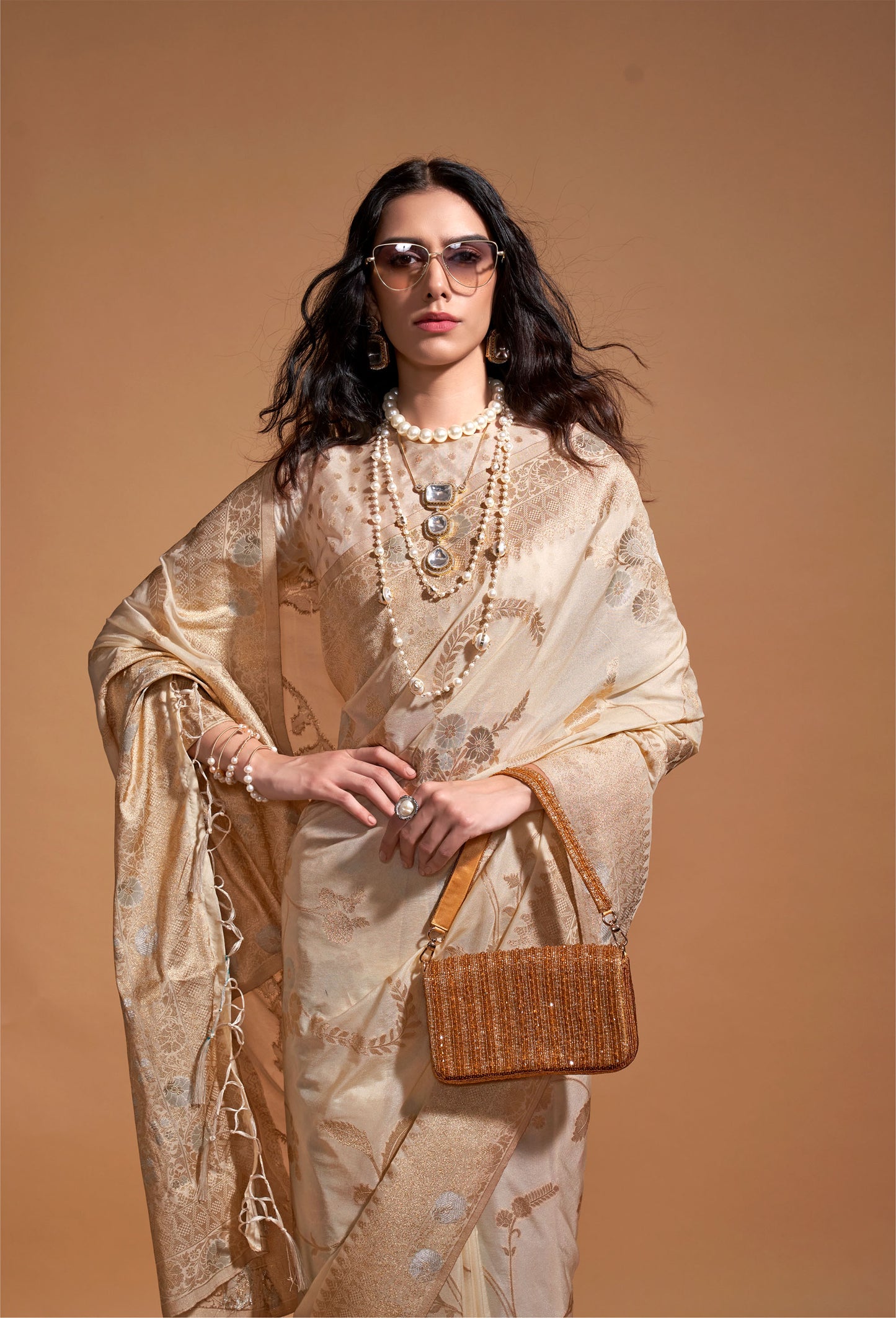 Beige Kocktail Georgette Handloom Saree