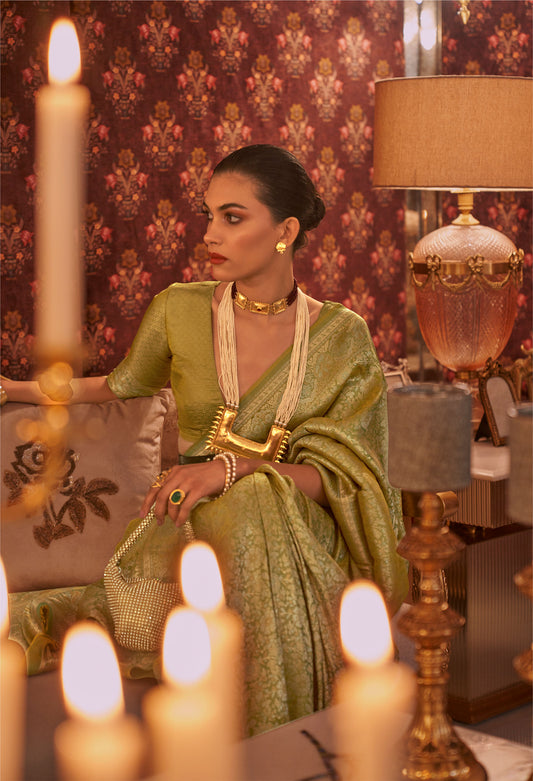 Sage Green Kabby Nylon Zari Silk Handloom Saree