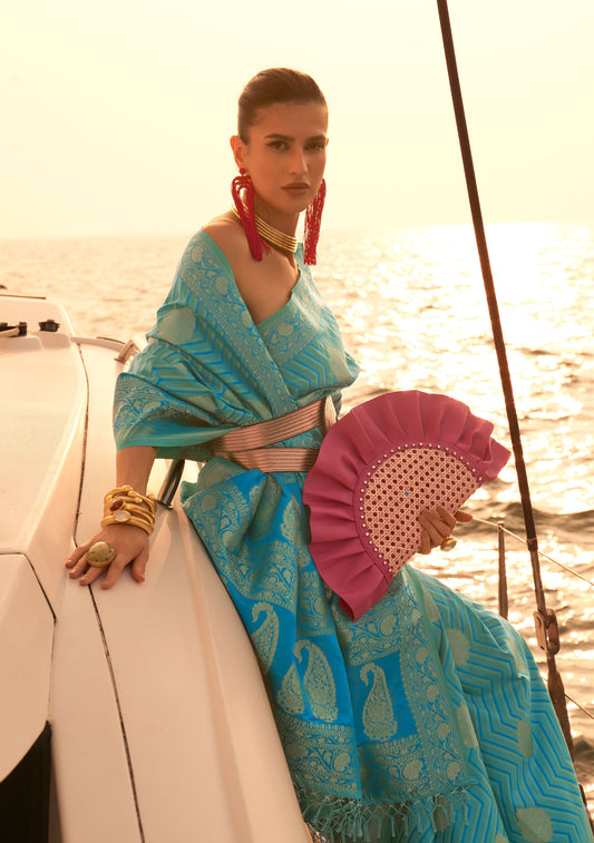 Sea Blue Kingston Pure Satin Nylon two tone saree