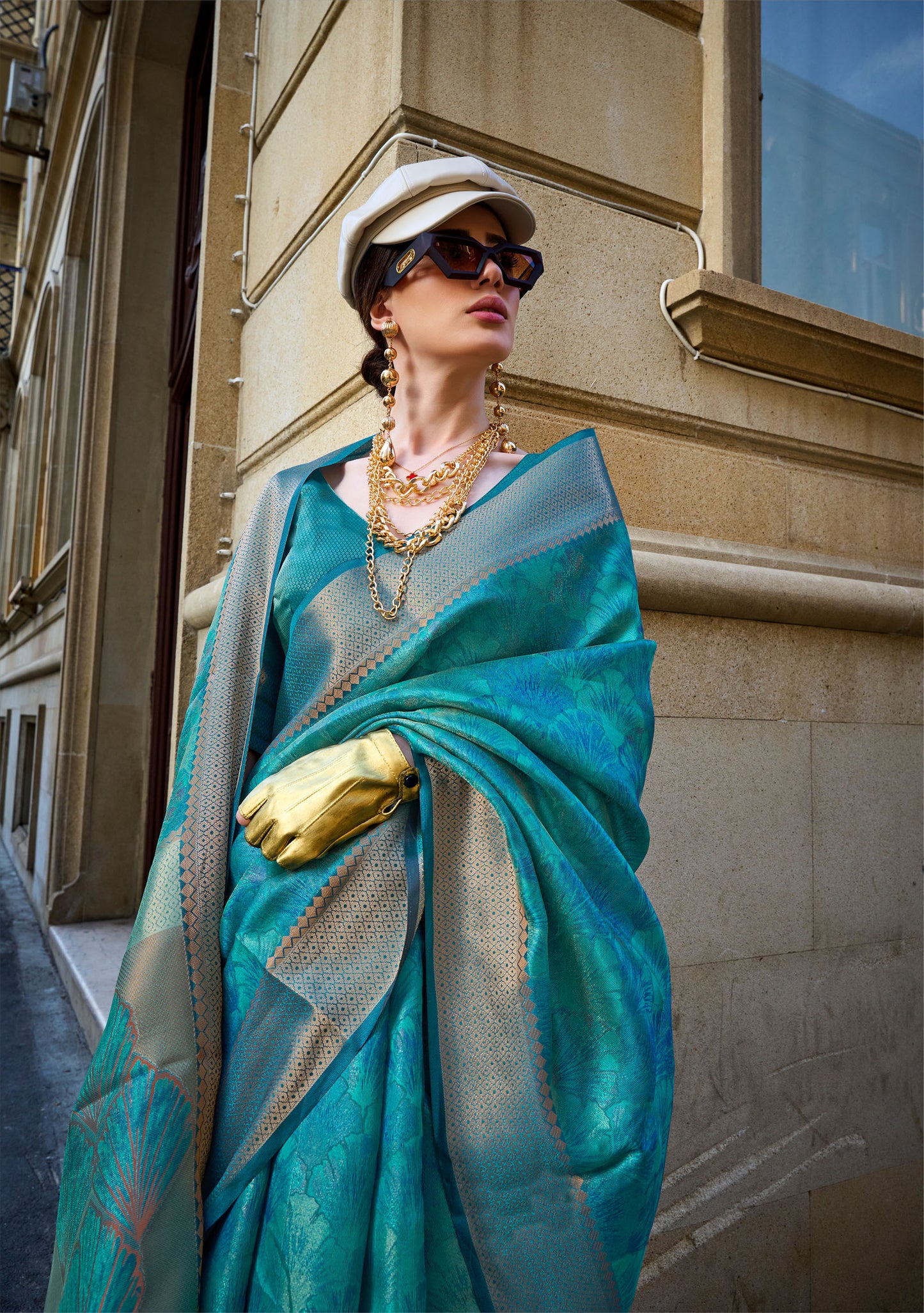 Teal Green Kalki Handwoven Two tone organza saree