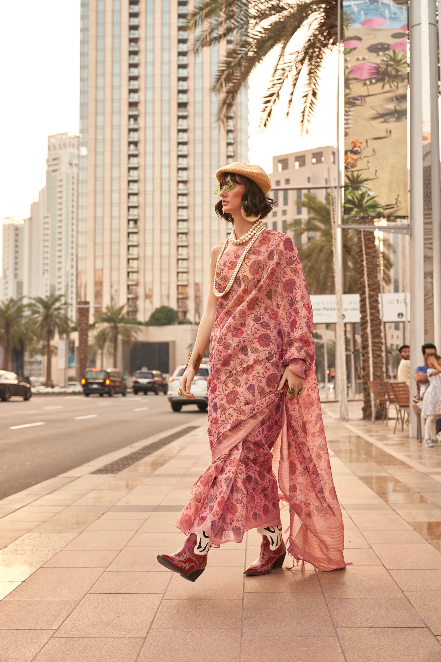 Pink Keeyah Printed Handloom Zari Tissue Saree