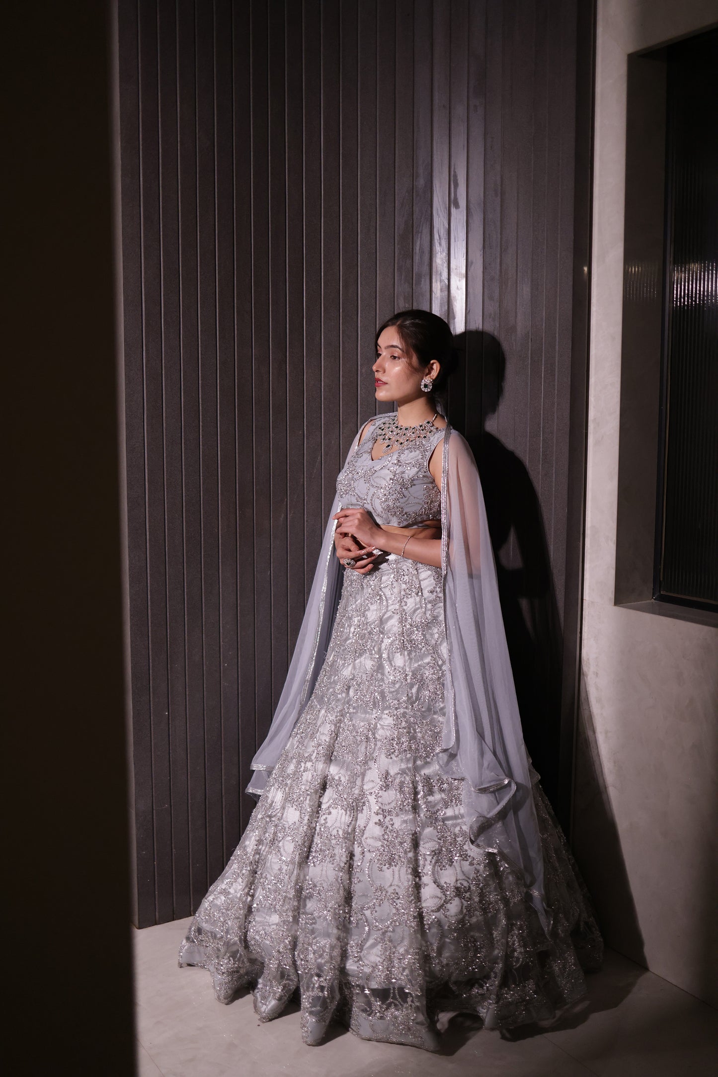Starlit Silver Heavily Embellished Net Lehenga & Blouse
