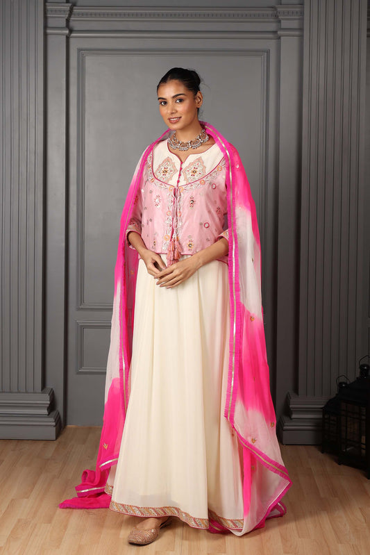 Hastkala Offwhite Organza Thread Embroidered Festive Kalidar set