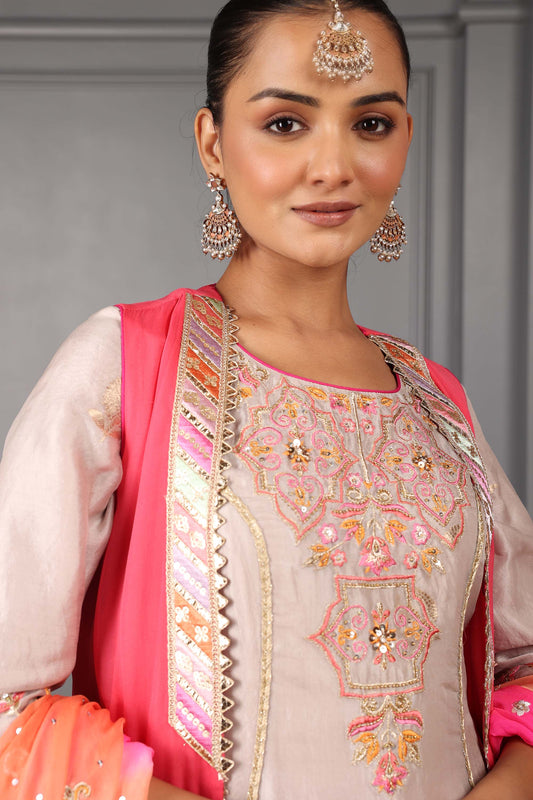 Hastkala Grey Organza Thread Embroidered Kalidar set