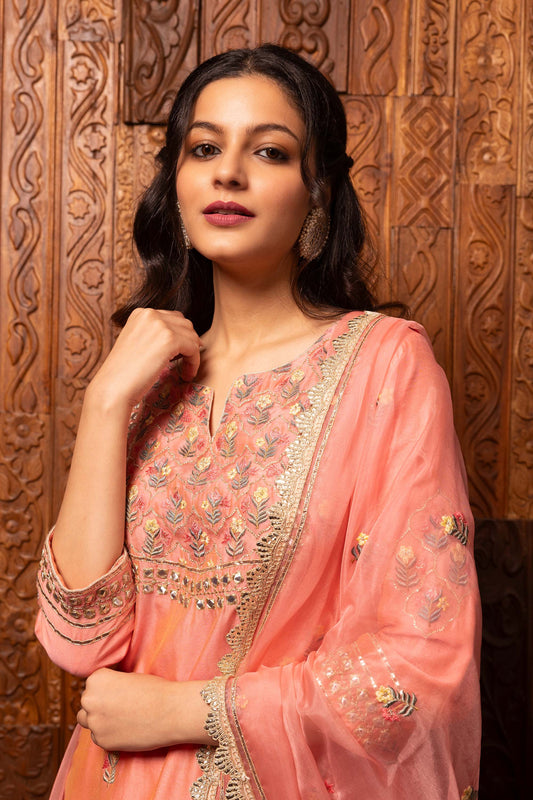 Tales of grace Pink Chanderi silk Embroidered Suit set