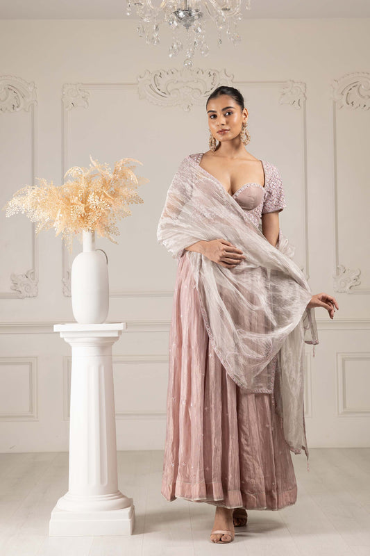 Royalty Peach Organza Thread & Pearl Cocktail Kalidar Set