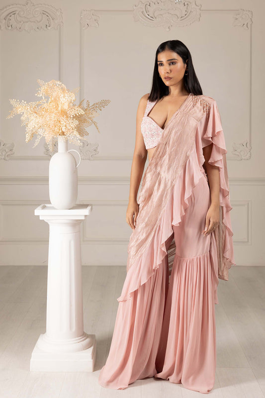 Royalty Peach Georgette Thread & Pearl Drape Saree