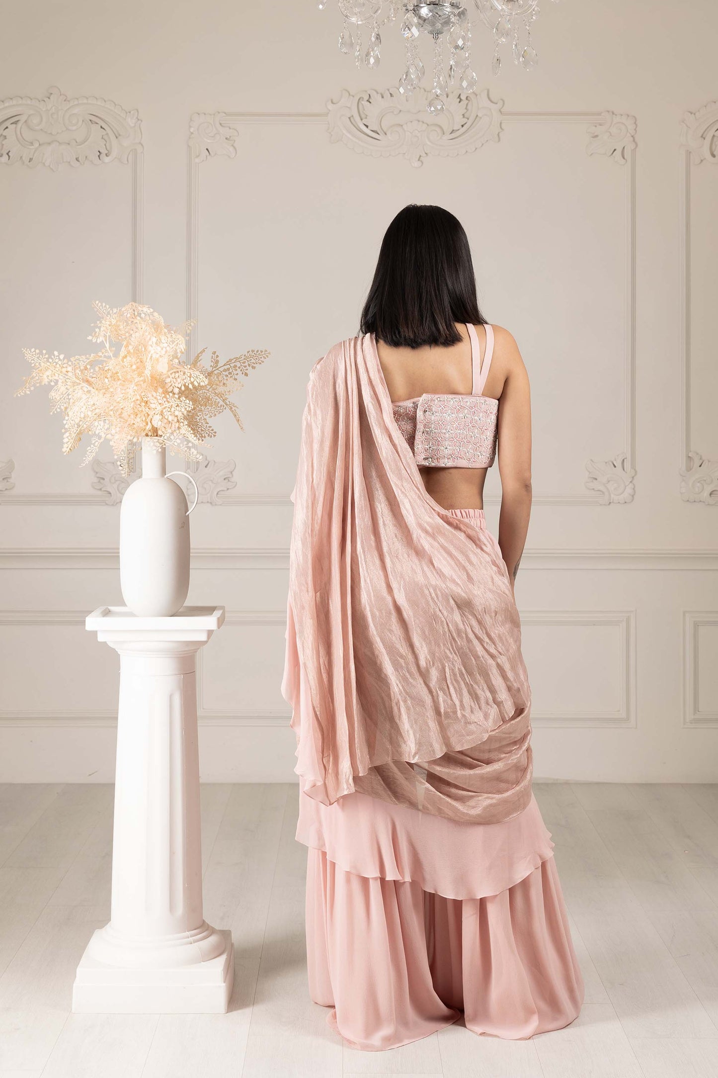 Royalty Peach Georgette Thread & Pearl Drape Saree