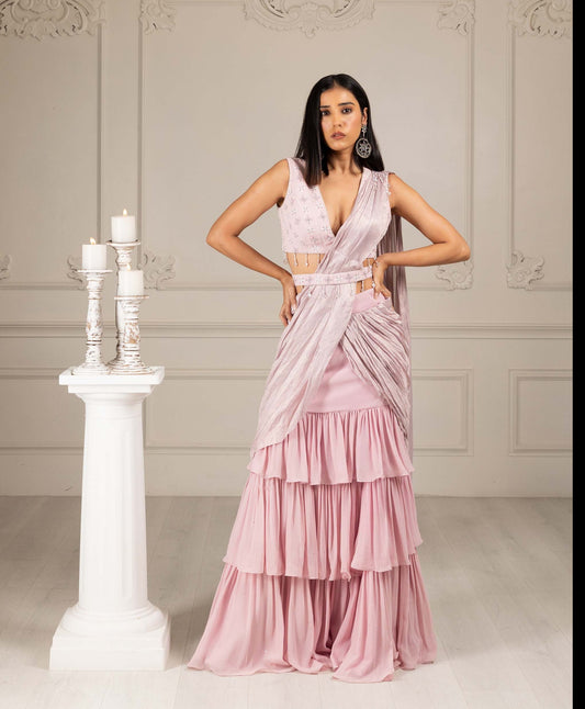 Royalty Peach Georgette Thread & Pearl Embroidered Drape Saree