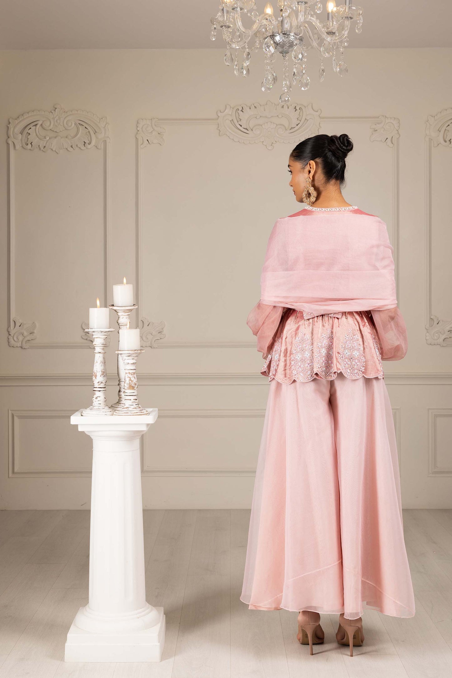 Royalty Peach Banaras Organza Thread & Pearl Party Sharara