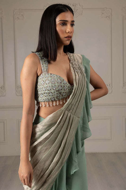 Royalty Tea Green Georgette Thread & Pearl Mehendi Drape Saree