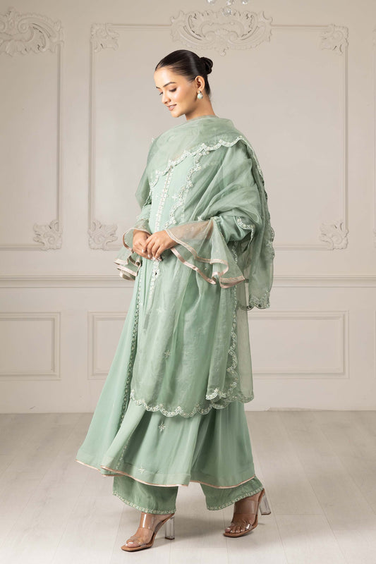 Royalty Tea Green Georgette Thread & Pearl Mehendi Kalidar Set
