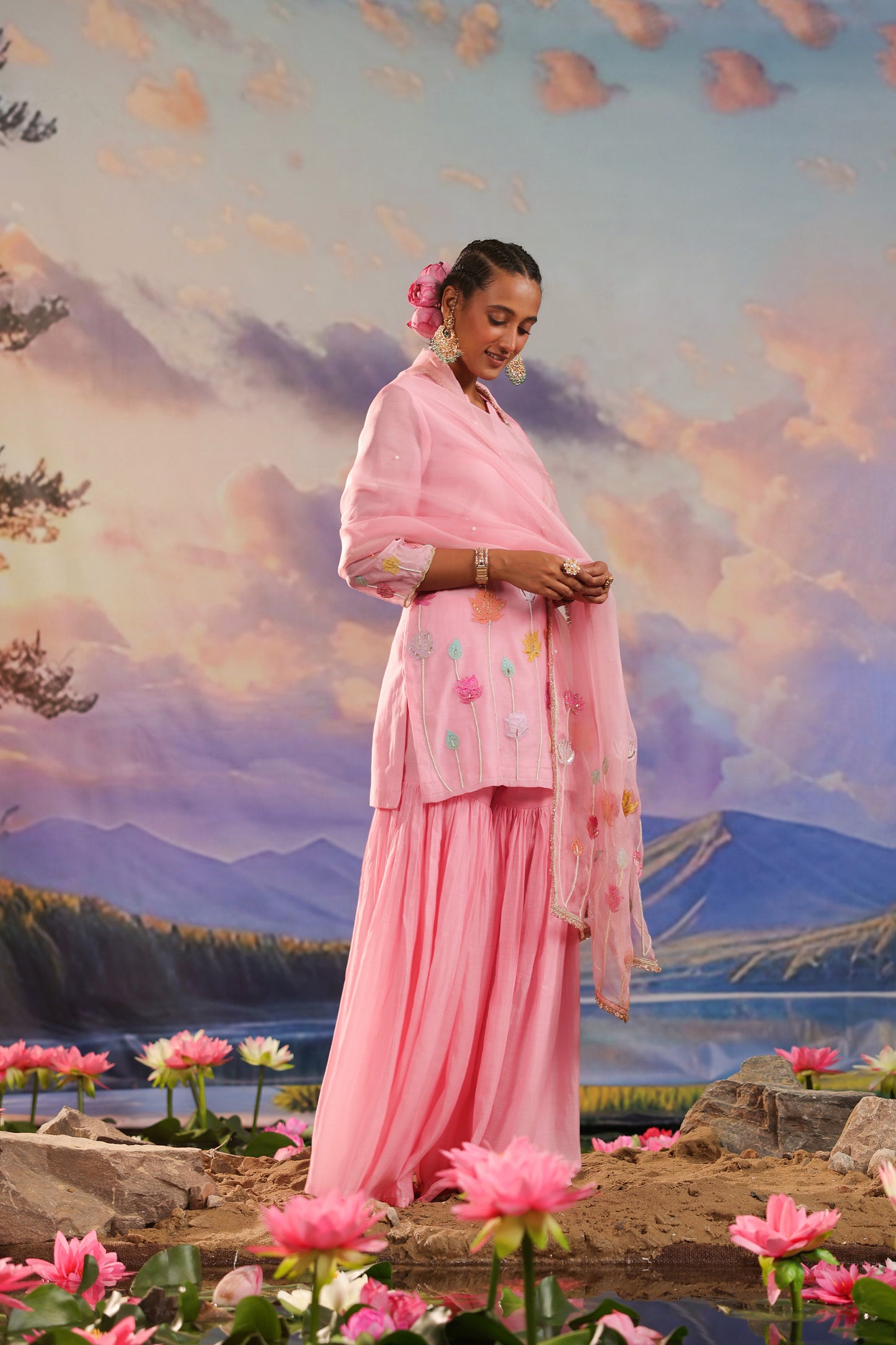 Pink Applique Pearl & Zari Embroidery Mul Chanderi Gharara