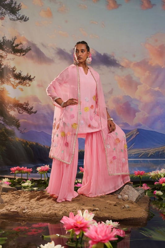 Pink Applique Pearl & Zari Embroidery Mul Chanderi Gharara