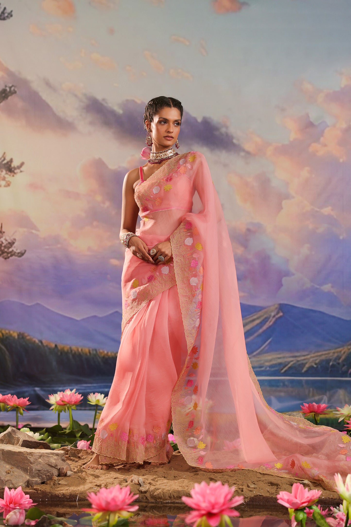 Peach Applique Work Organza Designer Saree
