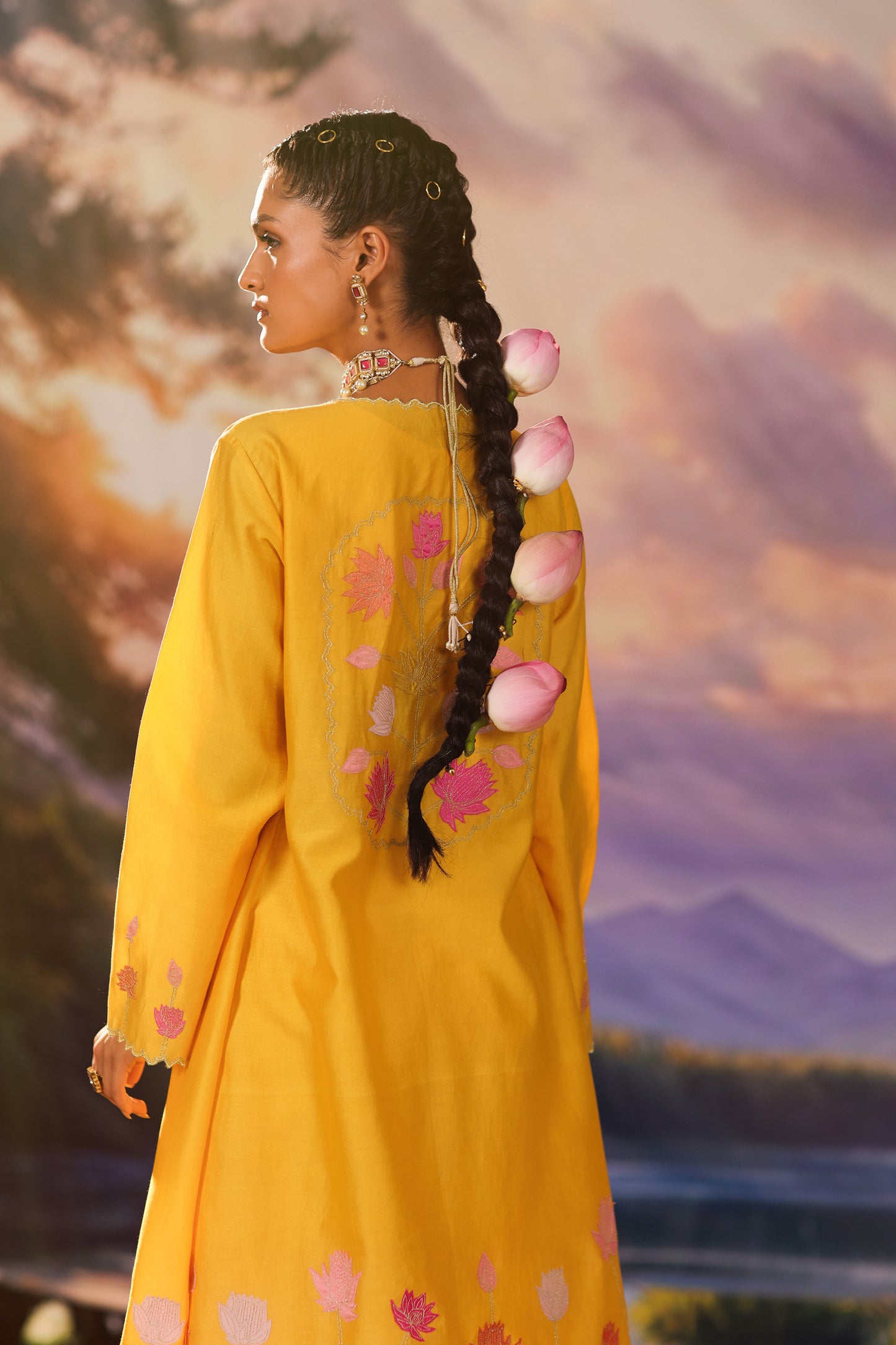 Yellow Silk Appliqué Work Silk Chanderi Festive Co ord Set