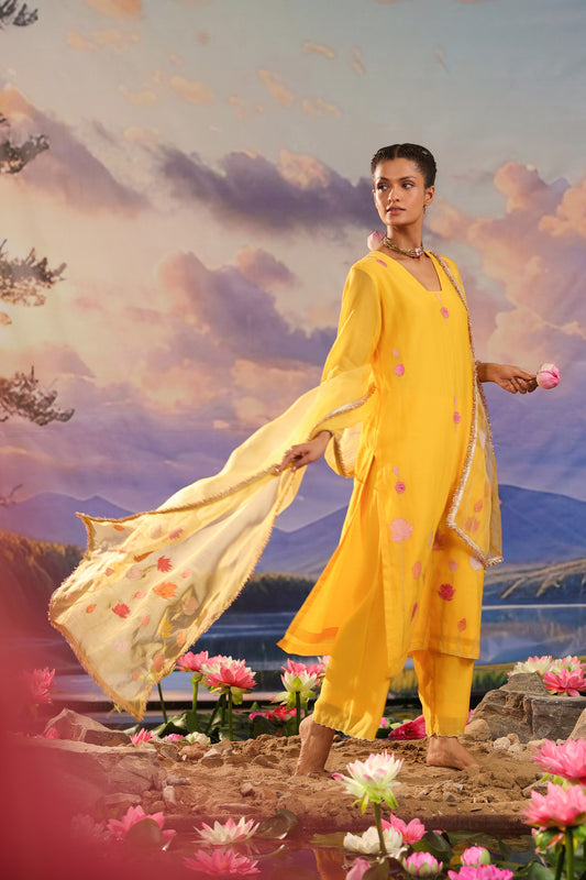 Yellow Applique WOrk Chanderi Designer Suit Set