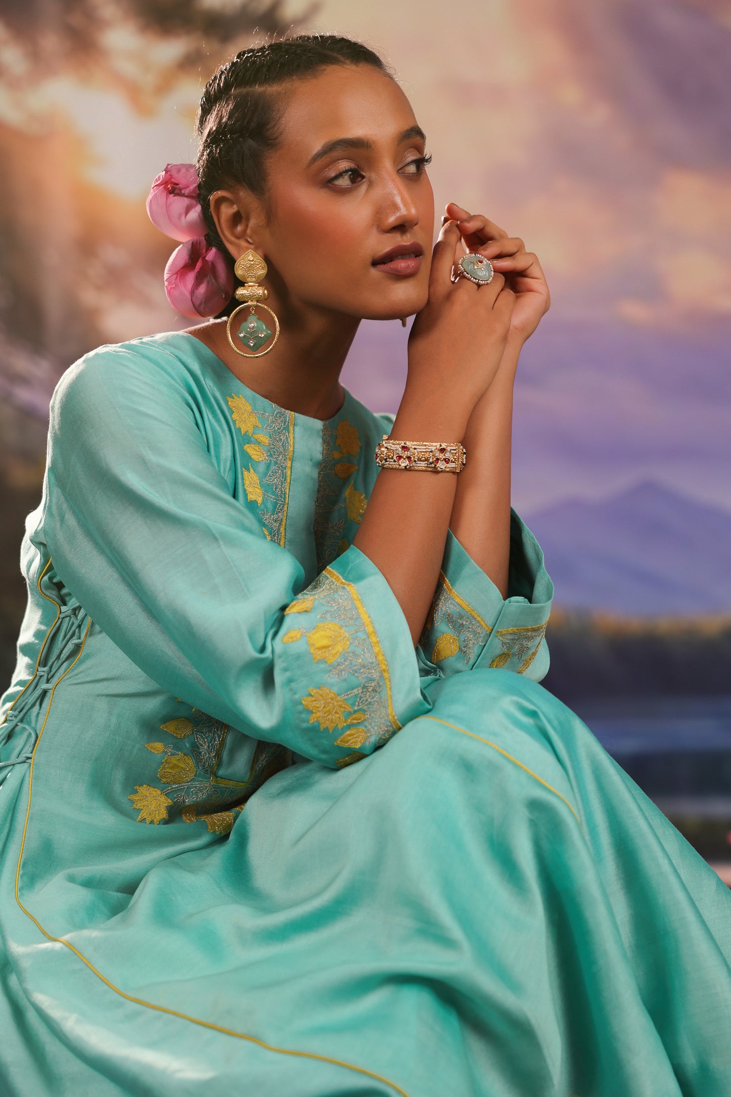 Turqiouse Blue Silk Chanderi Applique Work Co ord Set