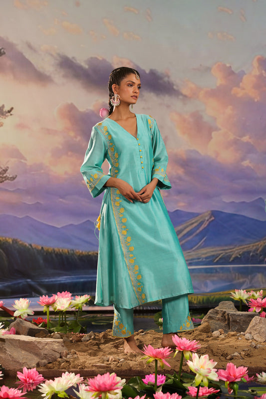 Turquoise Blue Silk Chanderi Applique Embroidery Festive Co ord Set